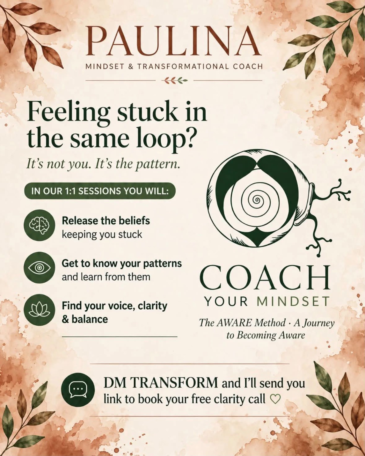 Paulina mindset and transformational coaching graphic describing one-to-one sessions and the AWARE Method